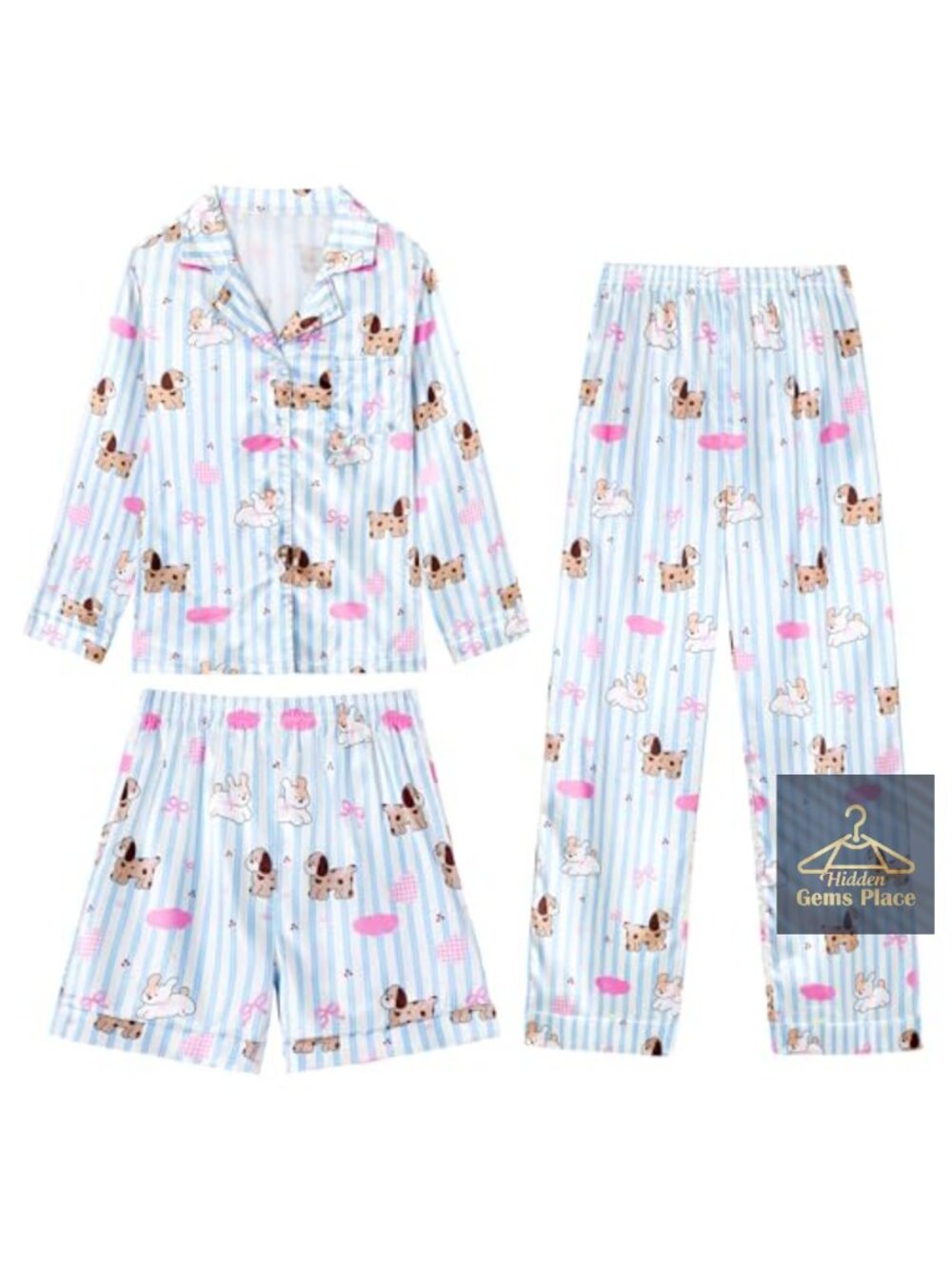 Girls Satin Pajama Set 3 Piece Long Sleeve Pants Shorts Sleepwear